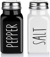 EZYHOME Salt and Pepper Shakers Set - Cute Salt Shakers - Vintage Glass Black and White Shaker Set with Stainless Steel Lid - for Black and White Kitchen Decor